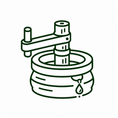 A dark green line art icon of a traditional hand-crank press or mill, shown on a solid white background.